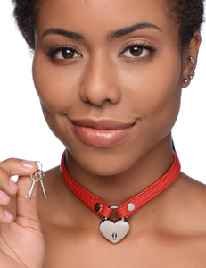 Heart Lock Leather Choker with Lock and Key - Red